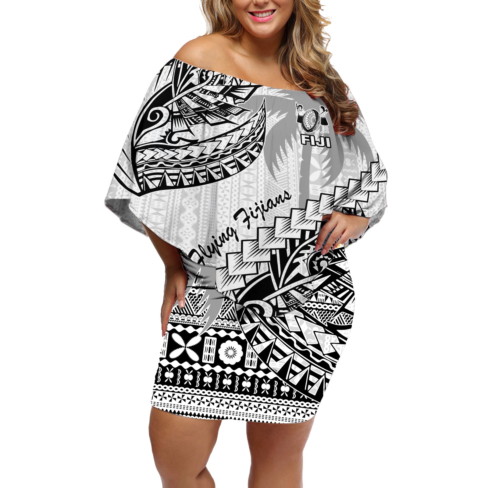 Custom Fiji Rugby Off Shoulder Short Dress Kaiviti Fijian Tribal World Cup White - Wonder Print Shop