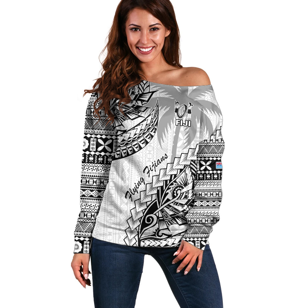 Custom Fiji Rugby Off Shoulder Sweater Kaiviti Fijian Tribal World Cup White - Wonder Print Shop