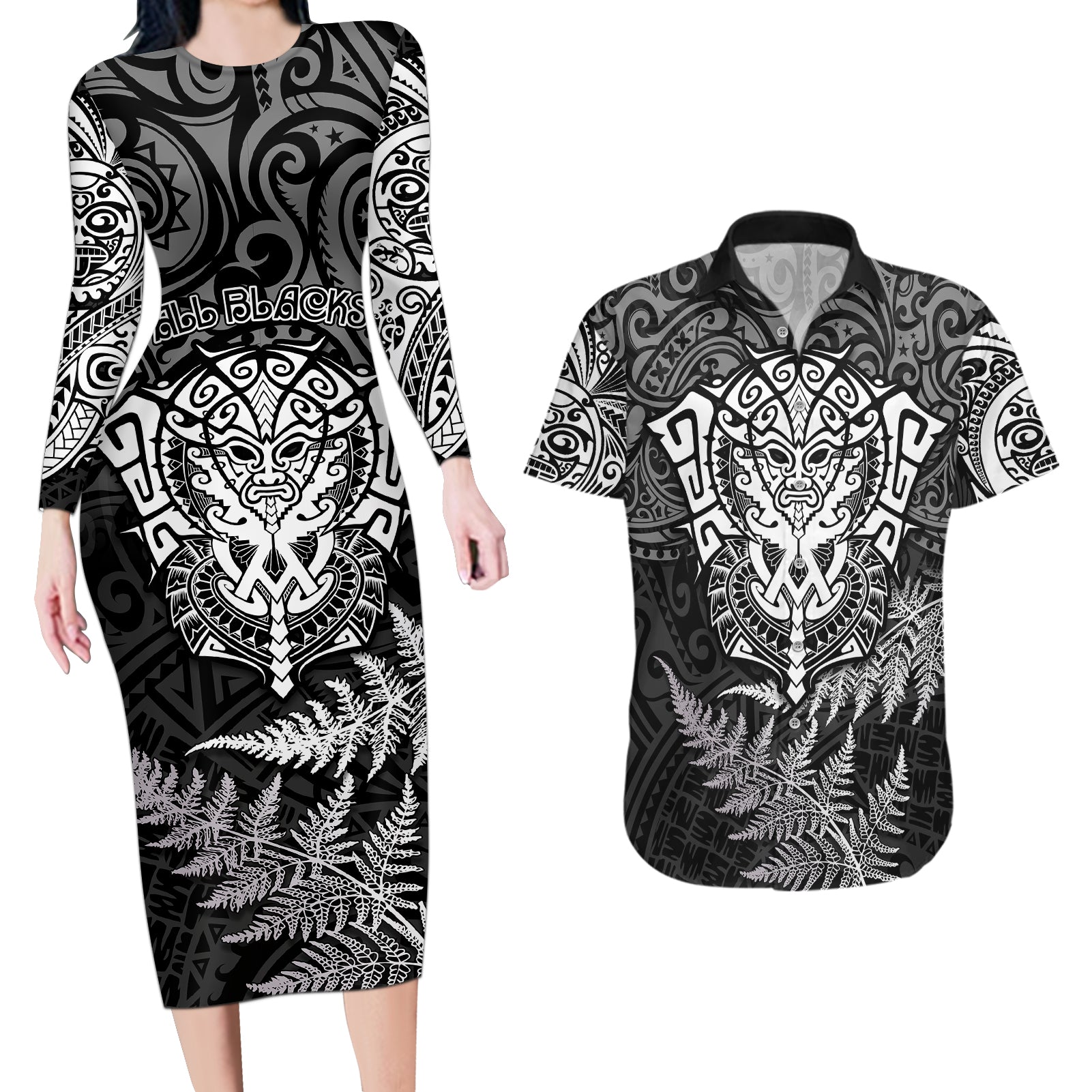 New Zealand Rugby Couples Matching Long Sleeve Bodycon Dress and Hawaiian Shirt Silver Fern All Black Mix Ta Moko White Style LT9 - Wonder Print Shop