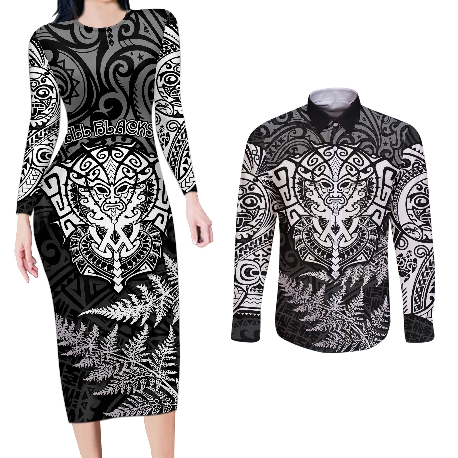 New Zealand Rugby Couples Matching Long Sleeve Bodycon Dress and Long Sleeve Button Shirts Silver Fern All Black Mix Ta Moko White Style LT9 - Wonder Print Shop