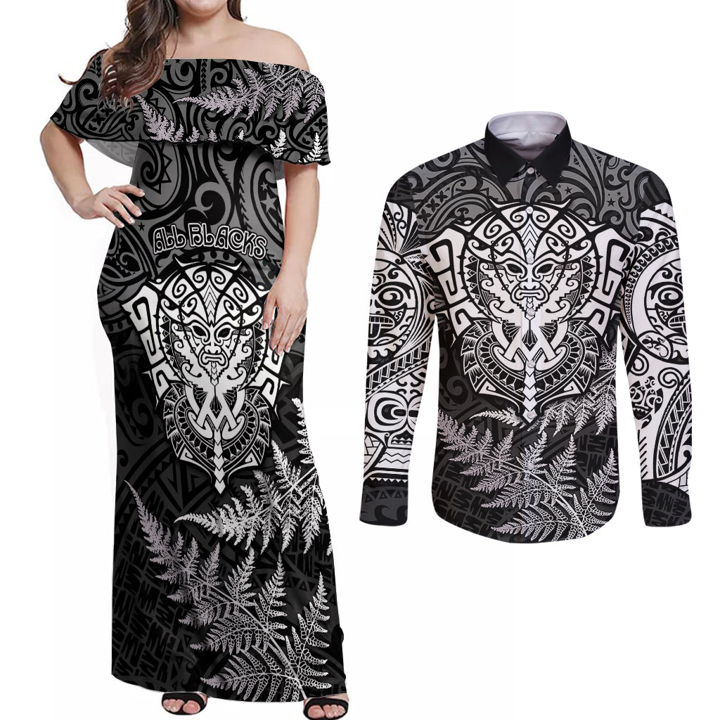 New Zealand Rugby Couples Matching Off Shoulder Maxi Dress and Long Sleeve Button Shirts Silver Fern All Black Mix Ta Moko White Style LT9 - Wonder Print Shop