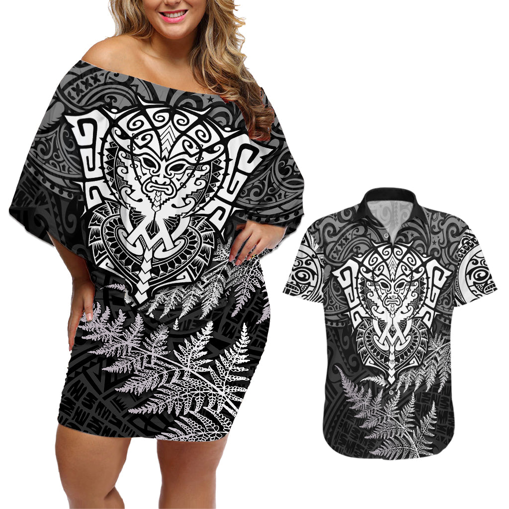 New Zealand Rugby Couples Matching Off Shoulder Short Dress and Hawaiian Shirt Silver Fern All Black Mix Ta Moko White Style LT9 - Wonder Print Shop