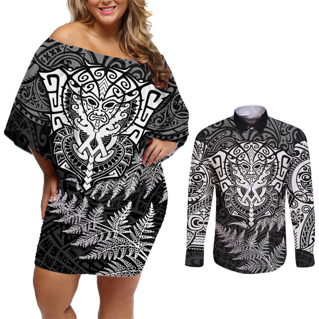 New Zealand Rugby Couples Matching Off Shoulder Short Dress and Long Sleeve Button Shirts Silver Fern All Black Mix Ta Moko White Style LT9 - Wonder Print Shop