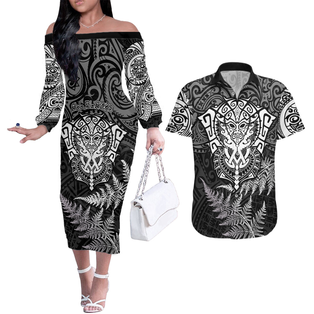 New Zealand Rugby Couples Matching Off The Shoulder Long Sleeve Dress and Hawaiian Shirt Silver Fern All Black Mix Ta Moko White Style LT9 - Wonder Print Shop