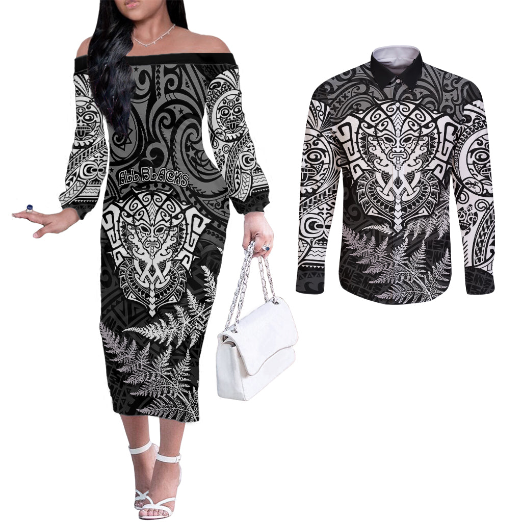 new-zealand-rugby-couples-matching-off-the-shoulder-long-sleeve-dress-and-long-sleeve-button-shirts-silver-fern-all-black-mix-ta-moko-white-style