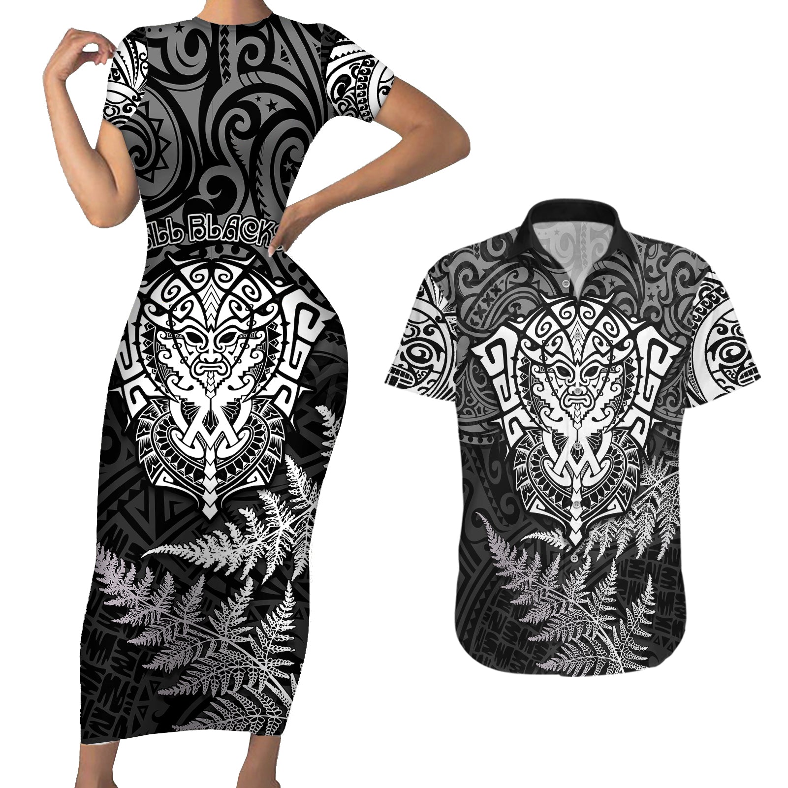 New Zealand Rugby Couples Matching Short Sleeve Bodycon Dress and Hawaiian Shirt Silver Fern All Black Mix Ta Moko White Style LT9 - Wonder Print Shop