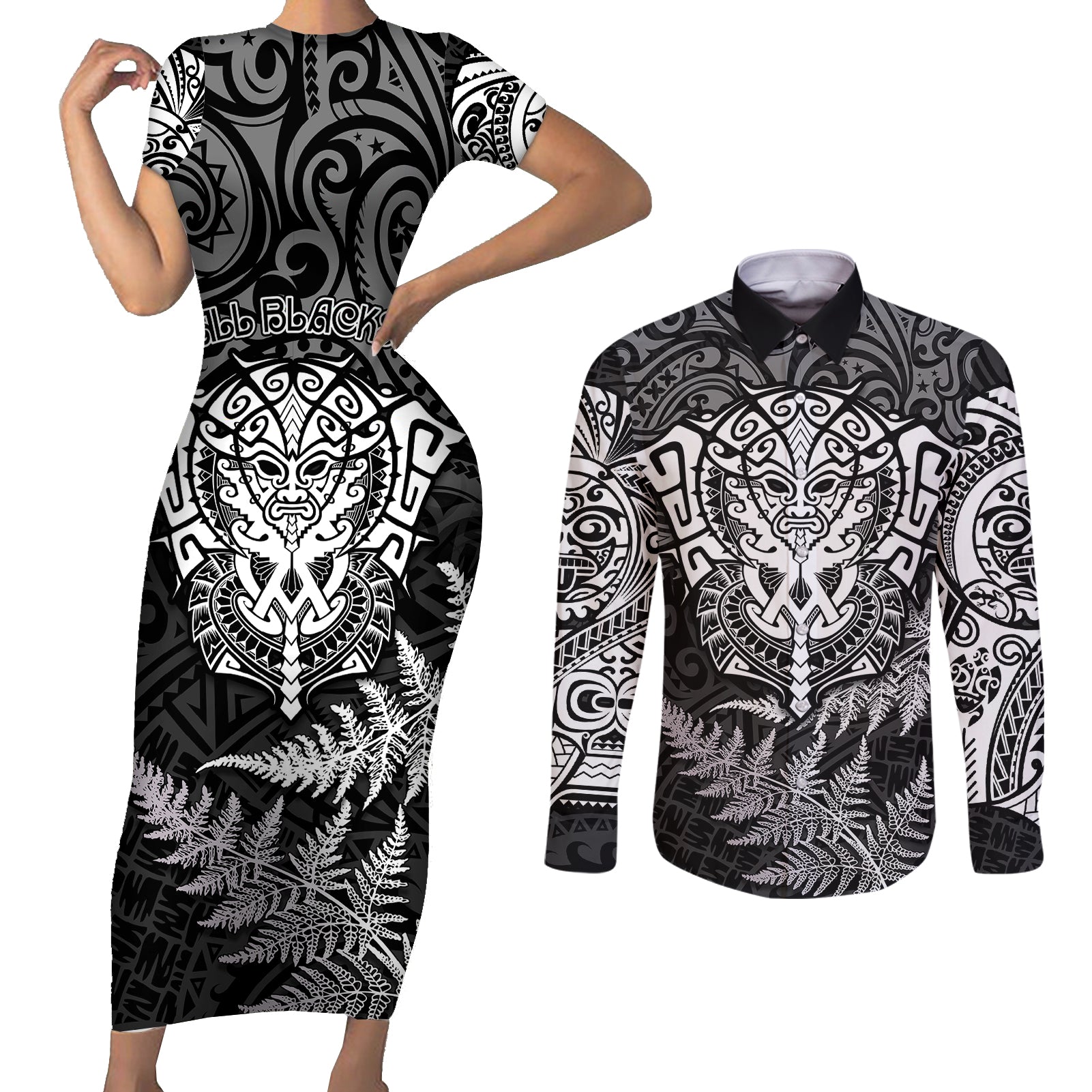 New Zealand Rugby Couples Matching Short Sleeve Bodycon Dress and Long Sleeve Button Shirts Silver Fern All Black Mix Ta Moko White Style LT9 - Wonder Print Shop