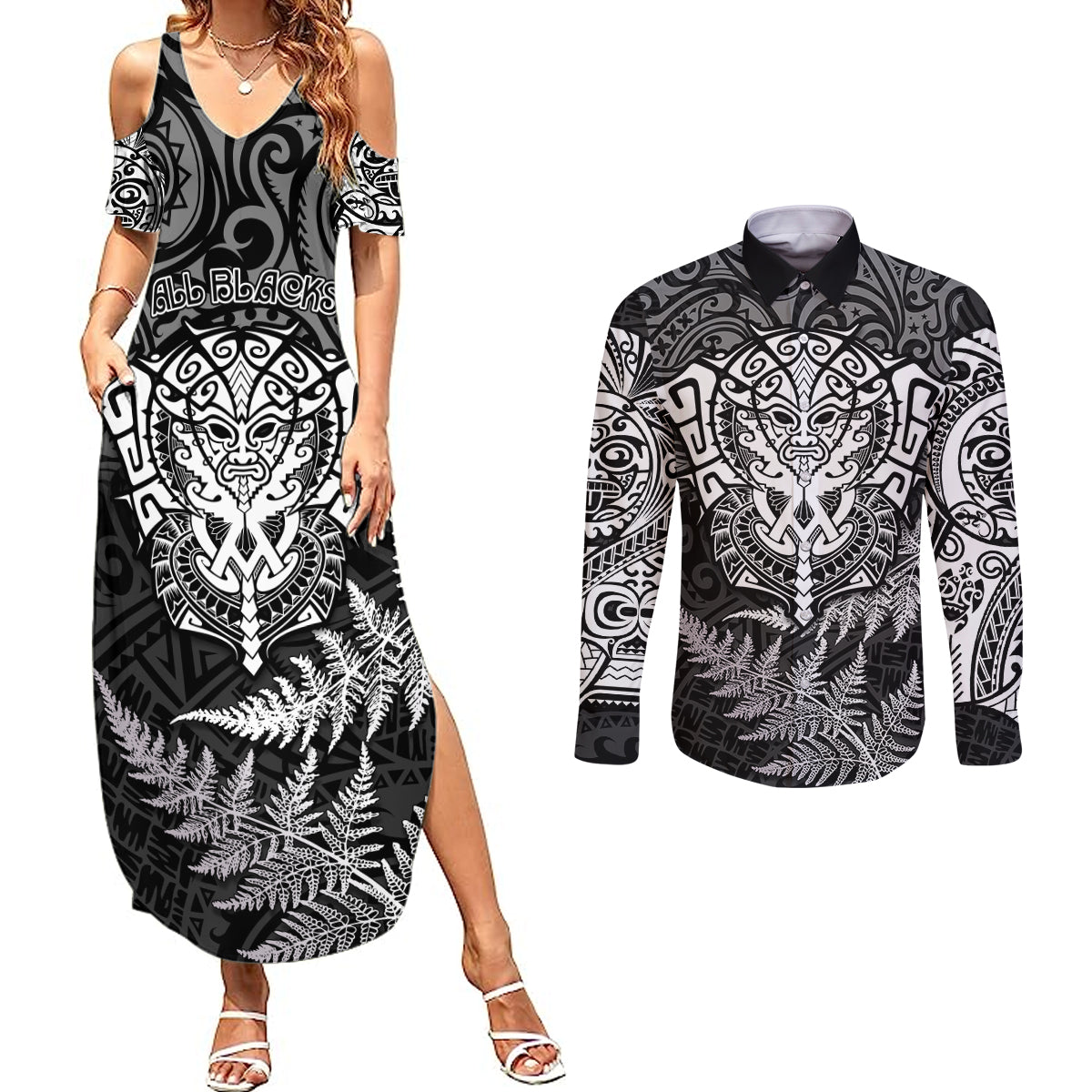 New Zealand Rugby Couples Matching Summer Maxi Dress and Long Sleeve Button Shirts Silver Fern All Black Mix Ta Moko White Style LT9 - Wonder Print Shop