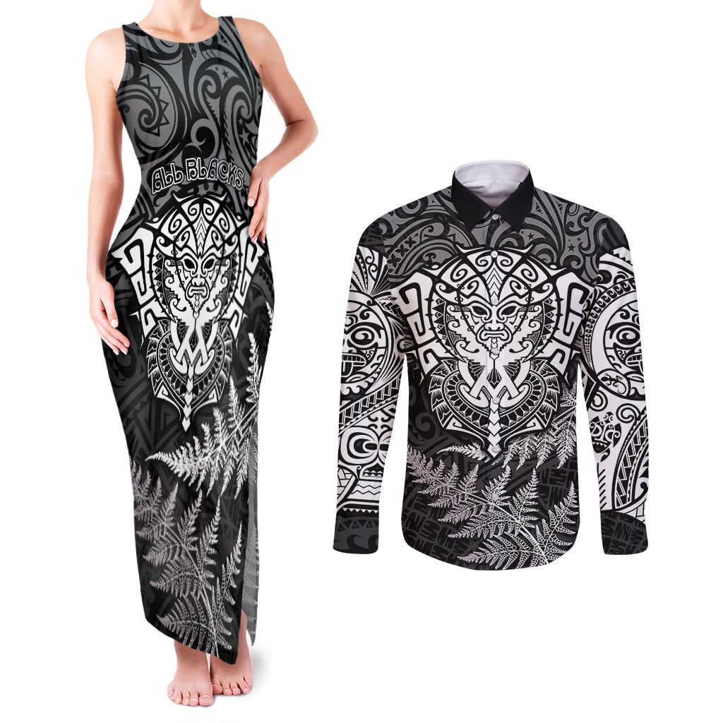 New Zealand Rugby Couples Matching Tank Maxi Dress and Long Sleeve Button Shirts Silver Fern All Black Mix Ta Moko White Style LT9 - Wonder Print Shop