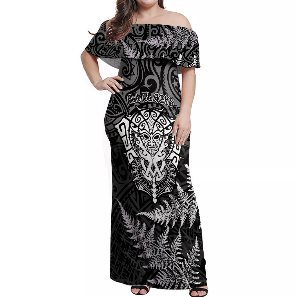 New Zealand Rugby Off Shoulder Maxi Dress Silver Fern All Black Mix Ta Moko White Style - Wonder Print Shop