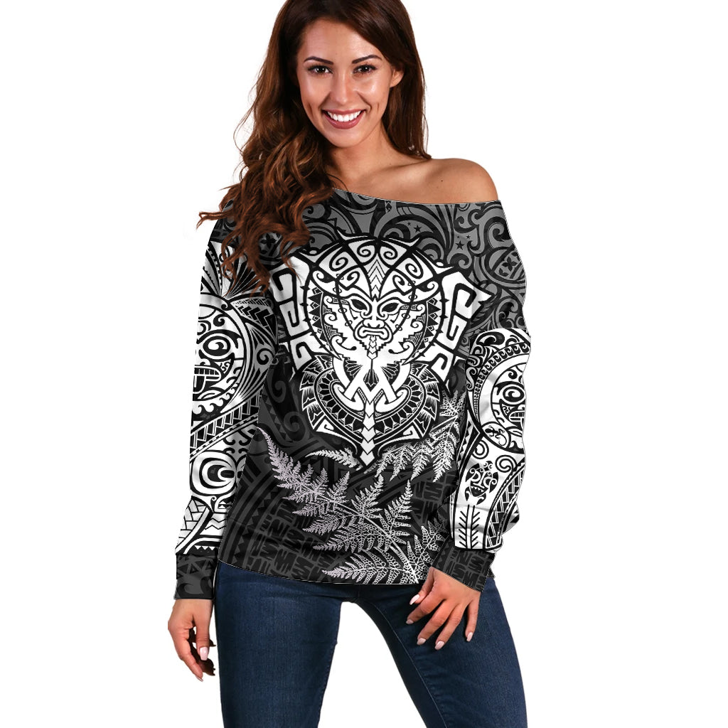 New Zealand Rugby Off Shoulder Sweater Silver Fern All Black Mix Ta Moko White Style - Wonder Print Shop