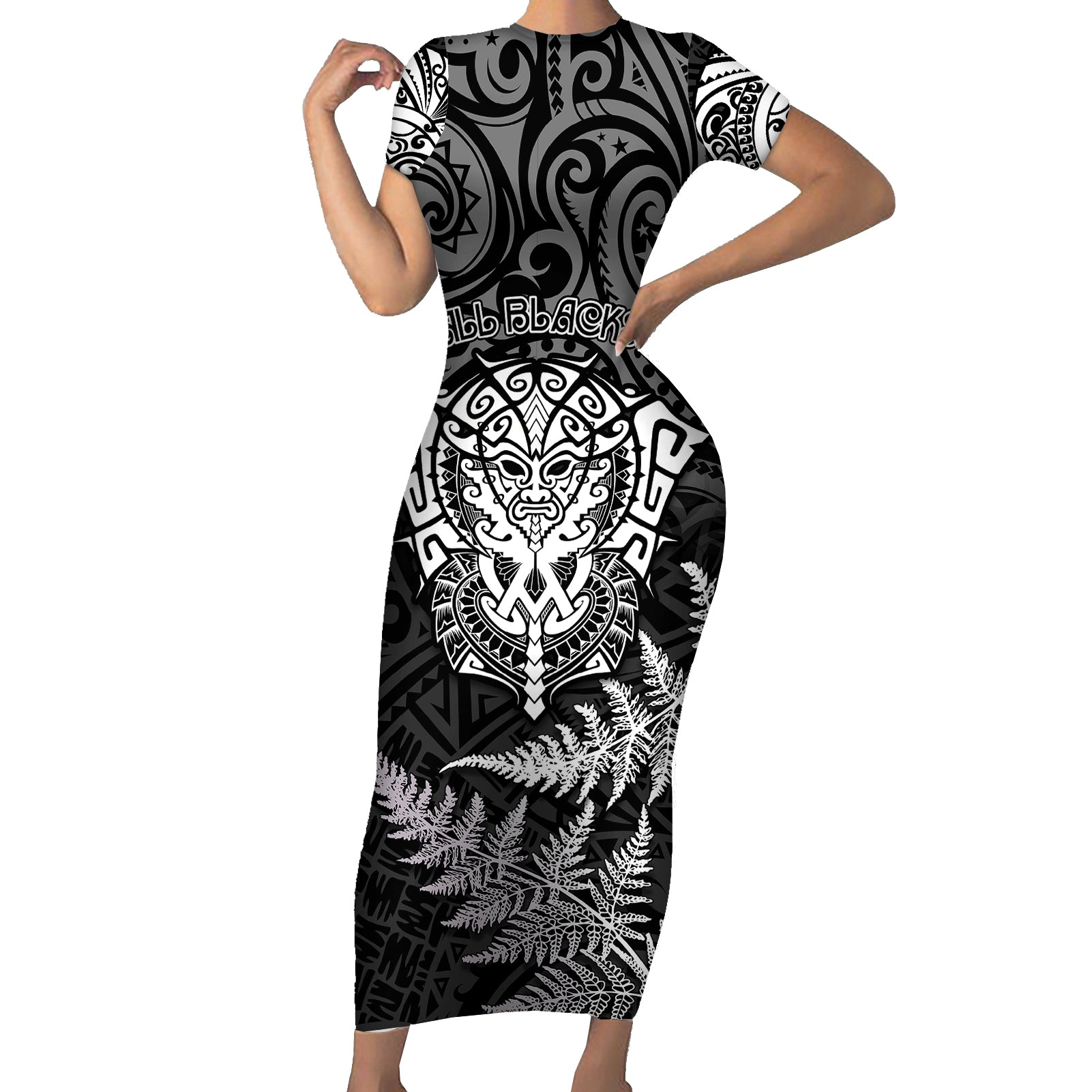 New Zealand Rugby Short Sleeve Bodycon Dress Silver Fern All Black Mix Ta Moko White Style - Wonder Print Shop