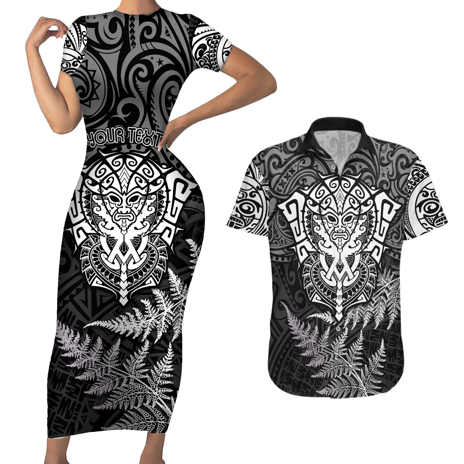 Personalised New Zealand Rugby Couples Matching Short Sleeve Bodycon Dress and Hawaiian Shirt Silver Fern All Black Mix Ta Moko White Style LT9 - Wonder Print Shop