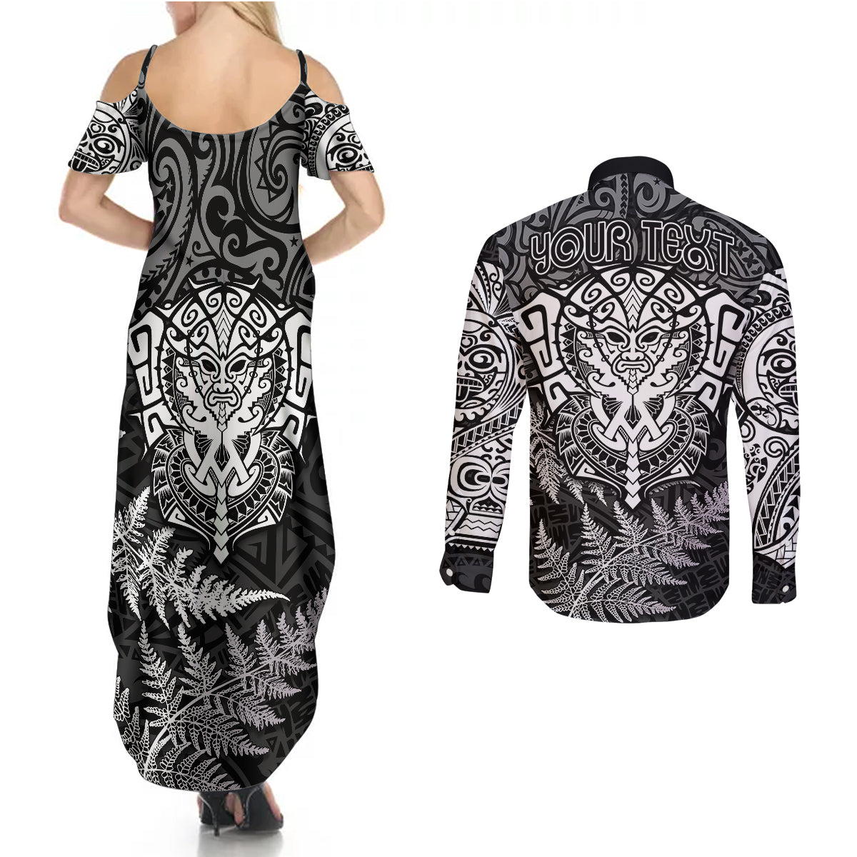 Personalised New Zealand Rugby Couples Matching Summer Maxi Dress and Long Sleeve Button Shirts Silver Fern All Black Mix Ta Moko White Style LT9 - Wonder Print Shop