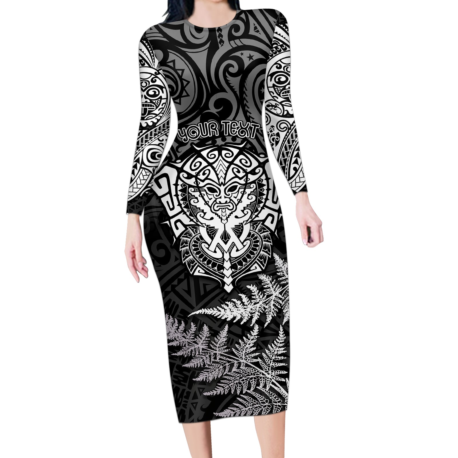 Personalised New Zealand Rugby Long Sleeve Bodycon Dress Silver Fern All Black Mix Ta Moko White Style - Wonder Print Shop