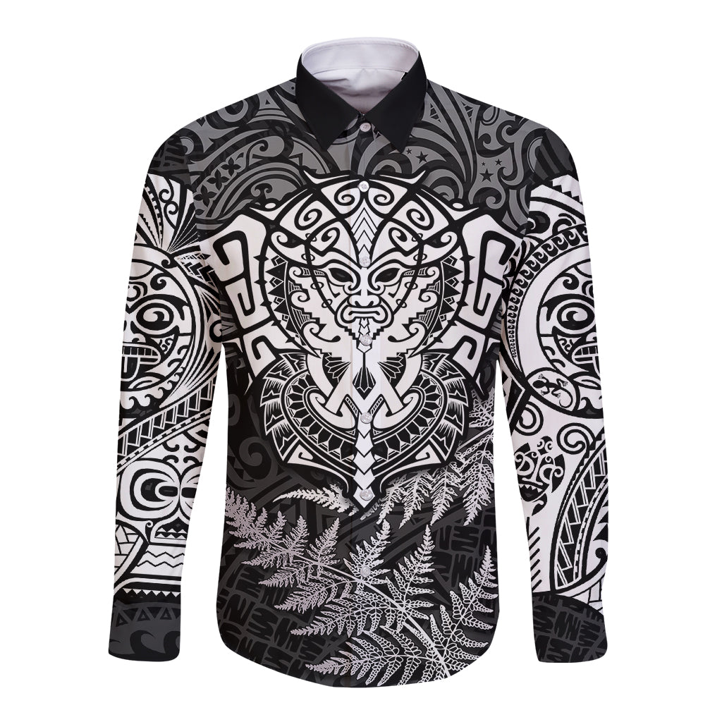 Personalised New Zealand Rugby Long Sleeve Button Shirt Silver Fern All Black Mix Ta Moko White Style - Wonder Print Shop