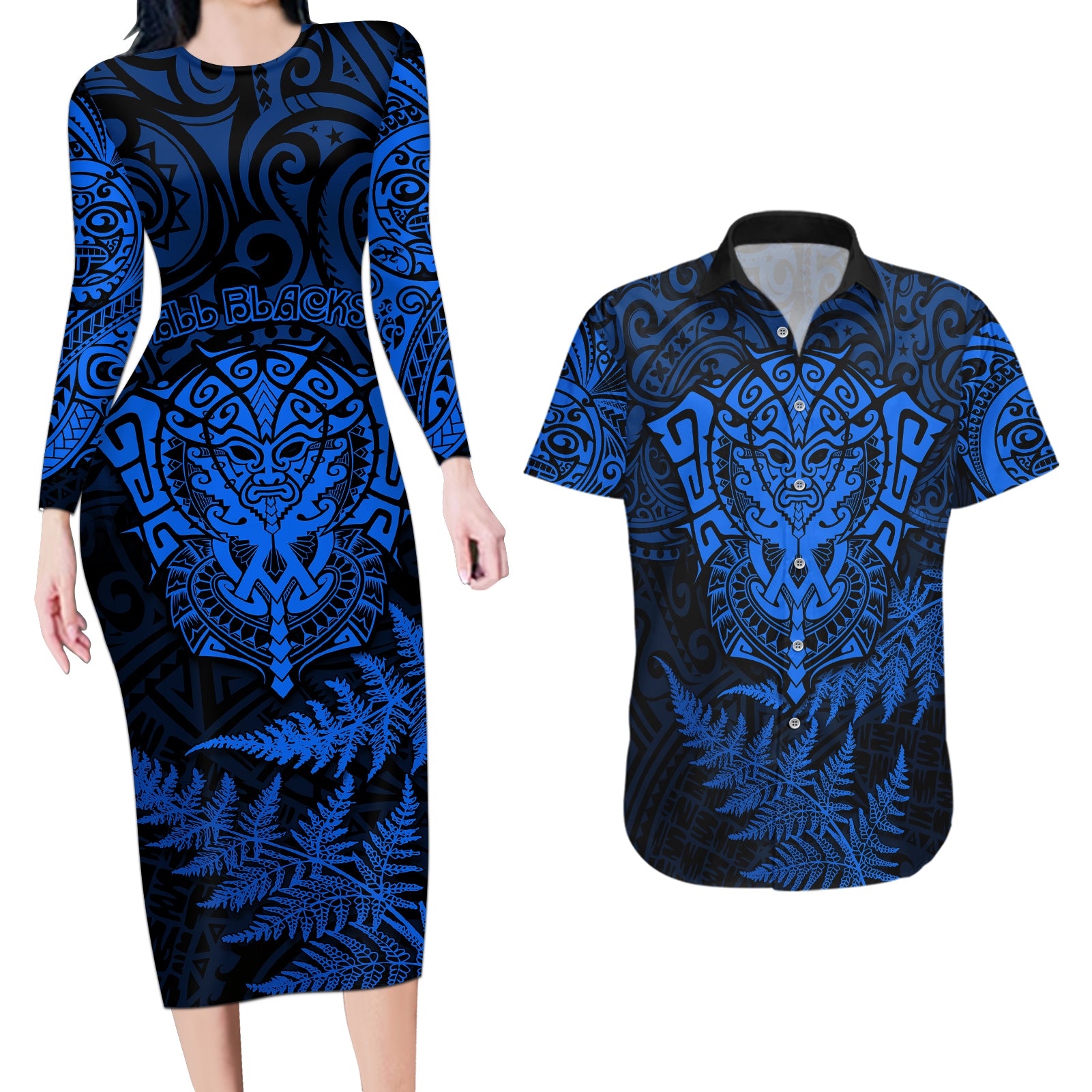 New Zealand Rugby Couples Matching Long Sleeve Bodycon Dress and Hawaiian Shirt Silver Fern All Black Mix Ta Moko Blue Style LT9 - Wonder Print Shop