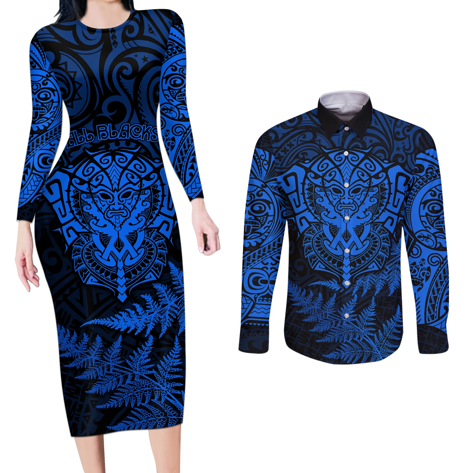 New Zealand Rugby Couples Matching Long Sleeve Bodycon Dress and Long Sleeve Button Shirts Silver Fern All Black Mix Ta Moko Blue Style LT9 - Wonder Print Shop