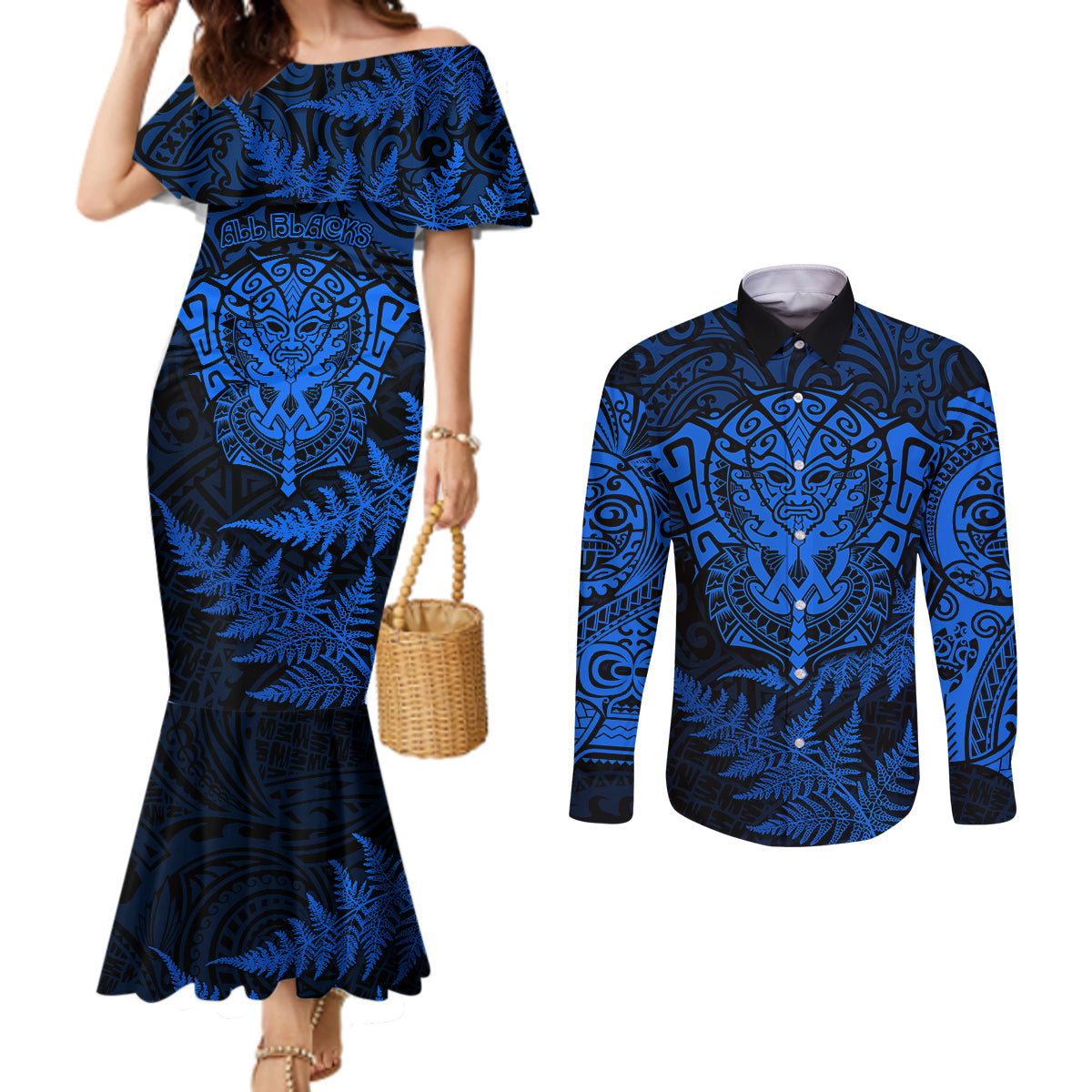 new-zealand-rugby-couples-matching-mermaid-dress-and-long-sleeve-button-shirts-silver-fern-all-black-mix-ta-moko-blue-style