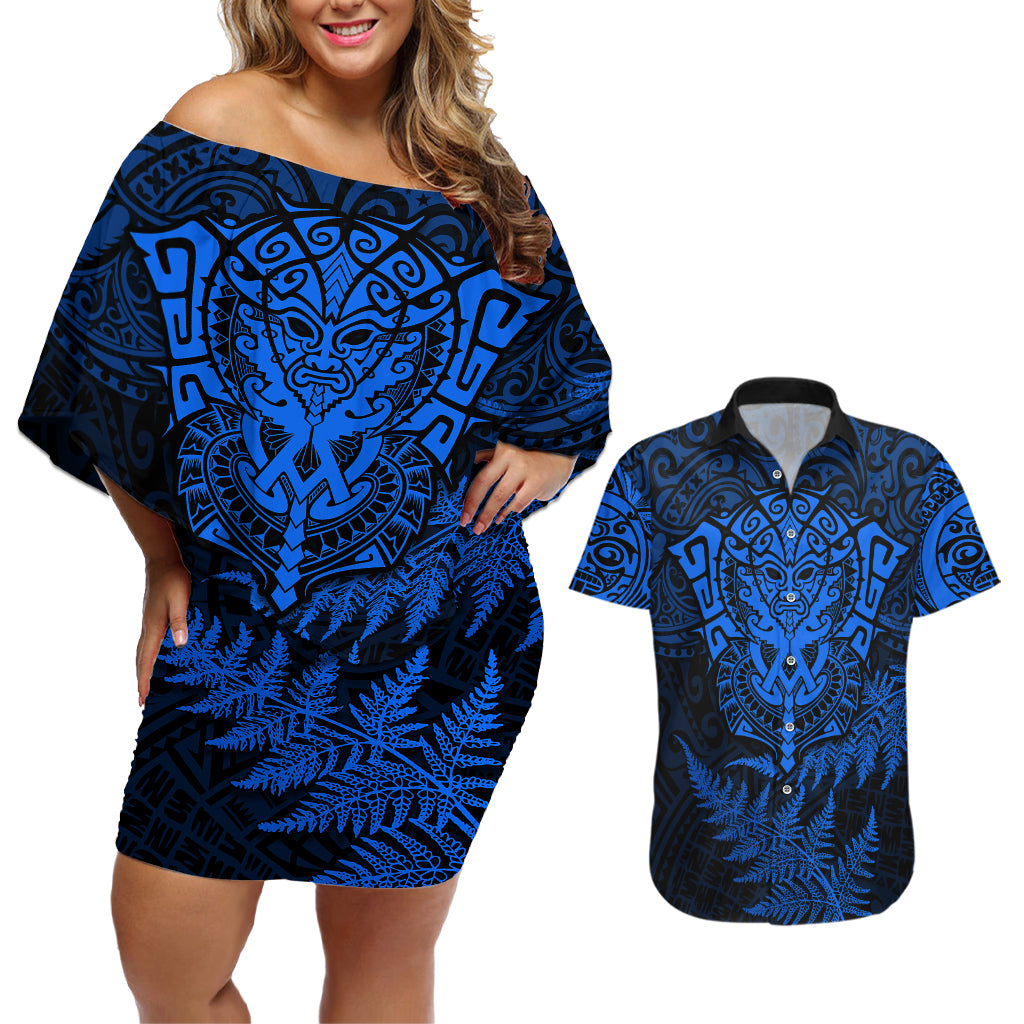 New Zealand Rugby Couples Matching Off Shoulder Short Dress and Hawaiian Shirt Silver Fern All Black Mix Ta Moko Blue Style LT9 - Wonder Print Shop