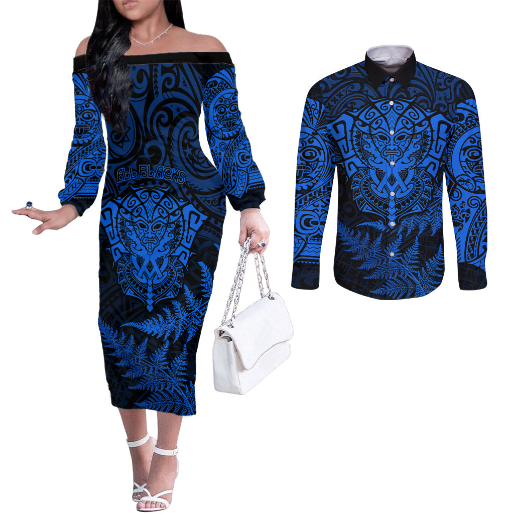 new-zealand-rugby-couples-matching-off-the-shoulder-long-sleeve-dress-and-long-sleeve-button-shirts-silver-fern-all-black-mix-ta-moko-blue-style