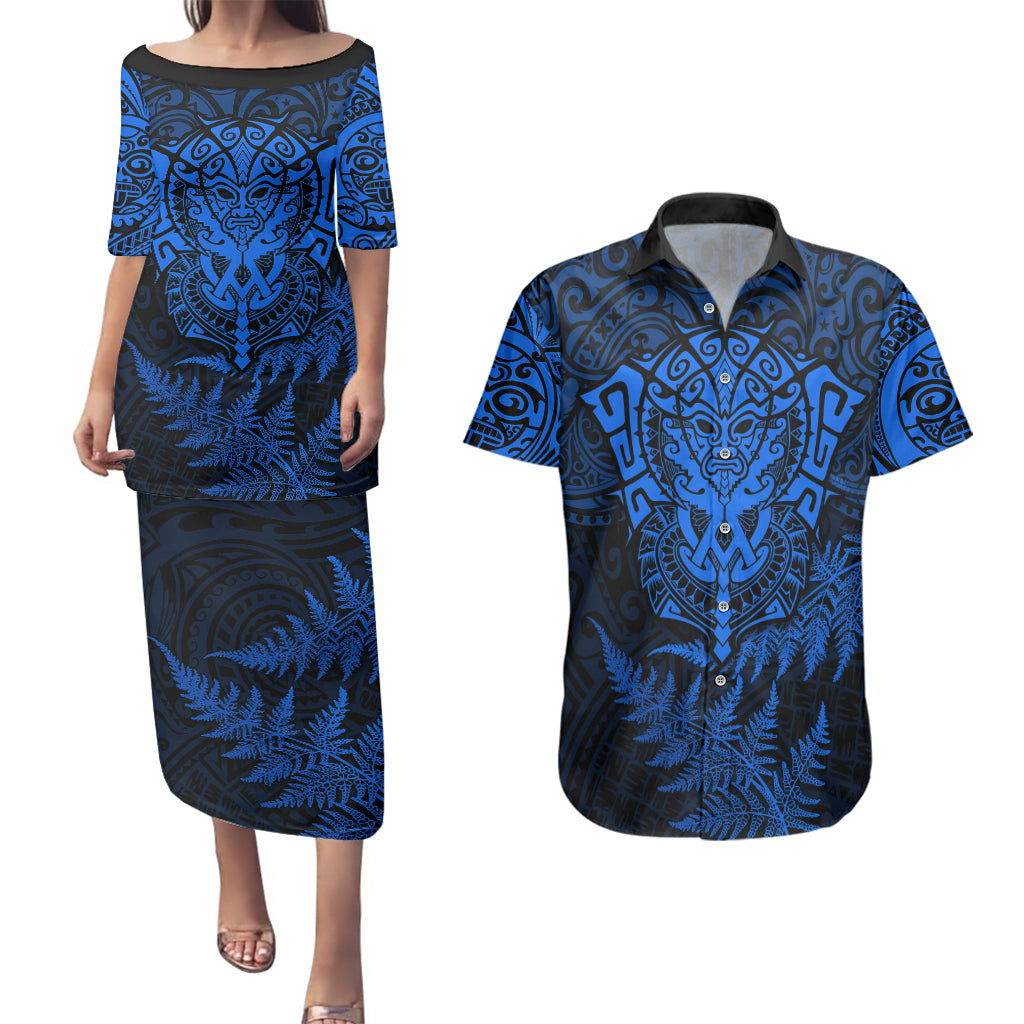 New Zealand Rugby Couples Matching Puletasi Dress and Hawaiian Shirt Silver Fern All Black Mix Ta Moko Blue Style LT9 - Wonder Print Shop