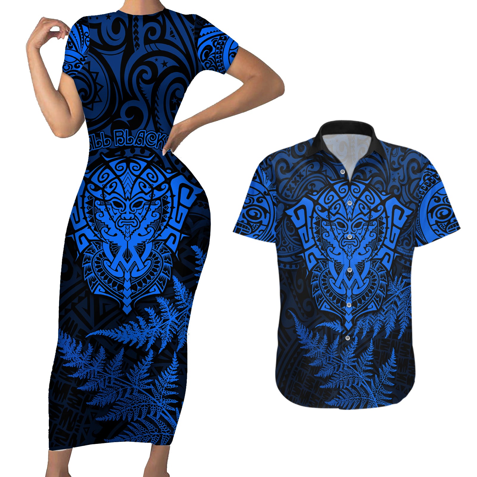 New Zealand Rugby Couples Matching Short Sleeve Bodycon Dress and Hawaiian Shirt Silver Fern All Black Mix Ta Moko Blue Style LT9 - Wonder Print Shop