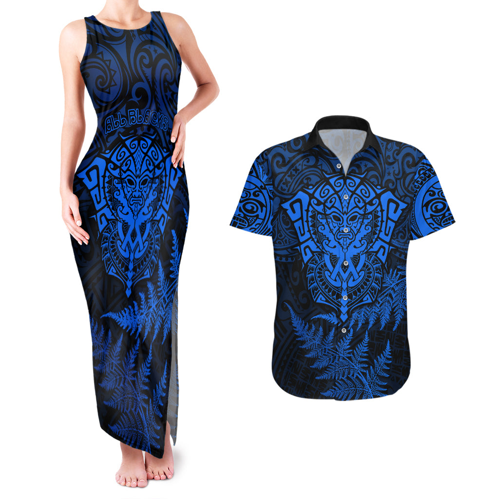 New Zealand Rugby Couples Matching Tank Maxi Dress and Hawaiian Shirt Silver Fern All Black Mix Ta Moko Blue Style LT9 - Wonder Print Shop