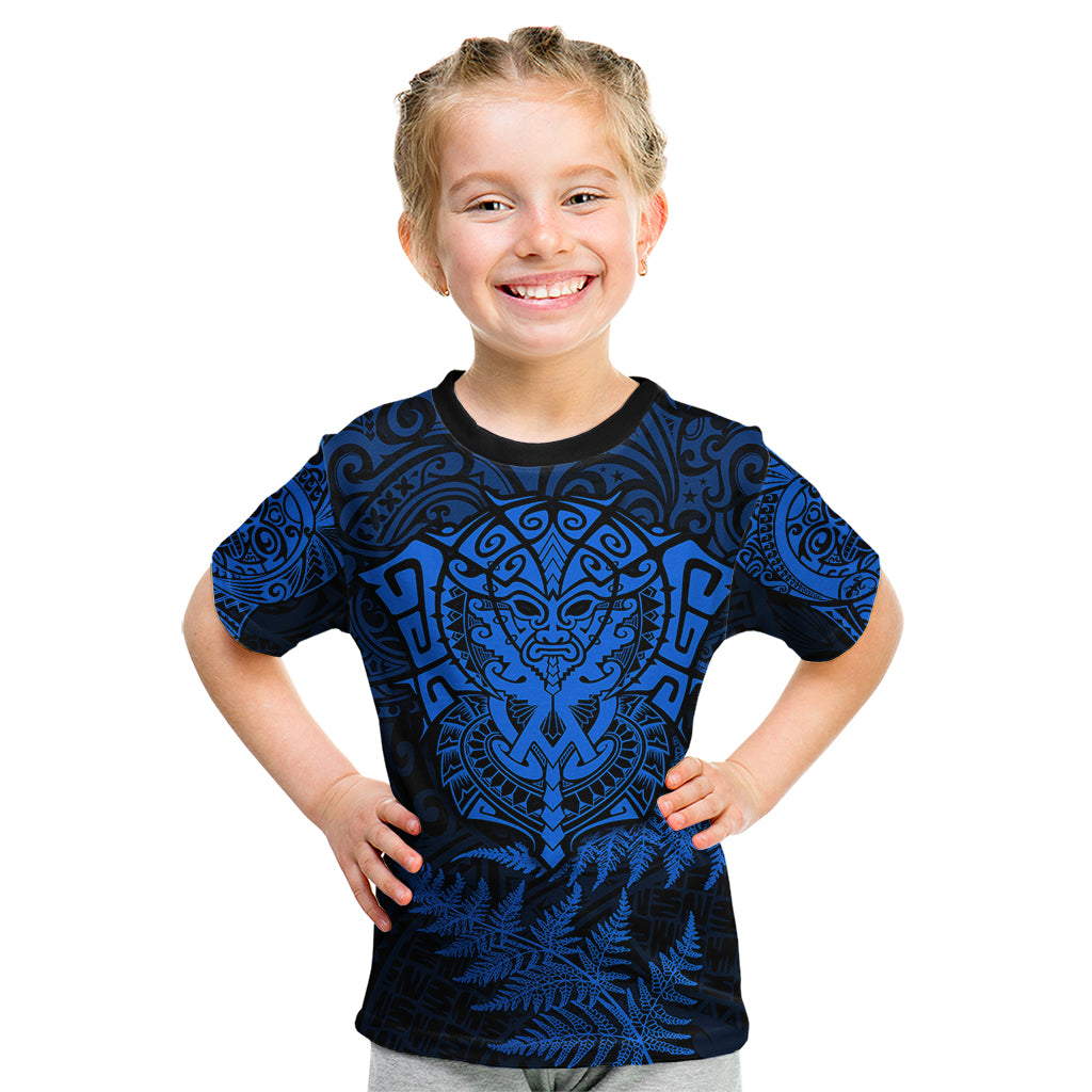 New Zealand Rugby Kid T Shirt Silver Fern All Black Mix Ta Moko Blue Style - Wonder Print Shop