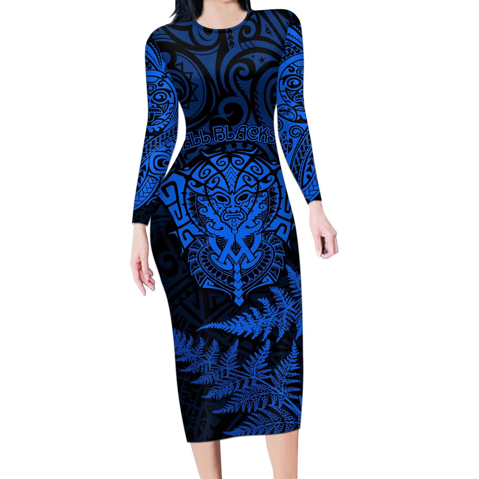 New Zealand Rugby Long Sleeve Bodycon Dress Silver Fern All Black Mix Ta Moko Blue Style - Wonder Print Shop