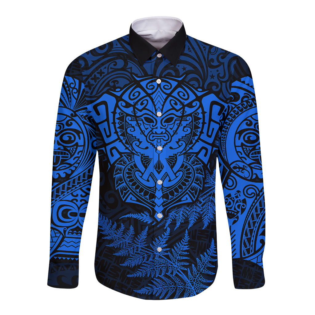 New Zealand Rugby Long Sleeve Button Shirt Silver Fern All Black Mix Ta Moko Blue Style - Wonder Print Shop