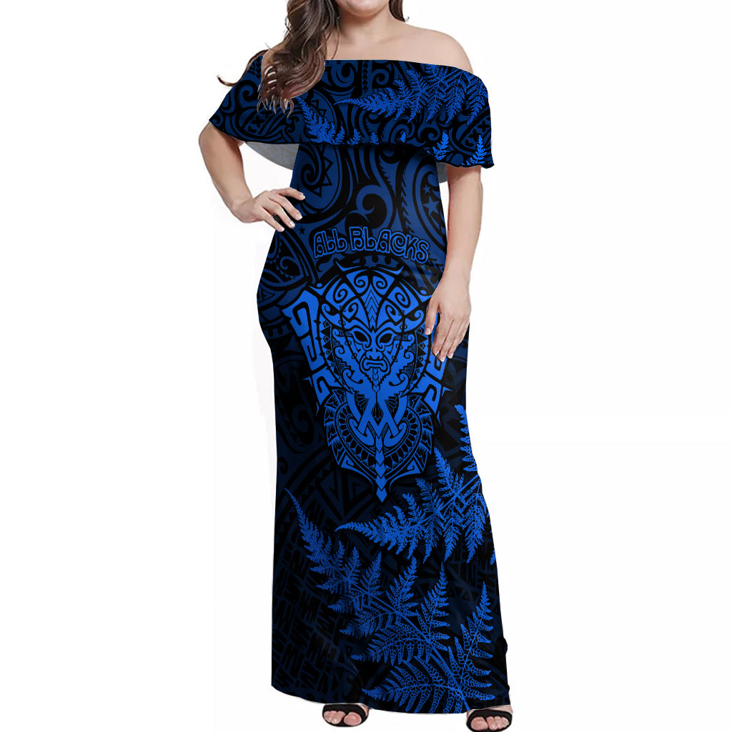 New Zealand Rugby Off Shoulder Maxi Dress Silver Fern All Black Mix Ta Moko Blue Style - Wonder Print Shop