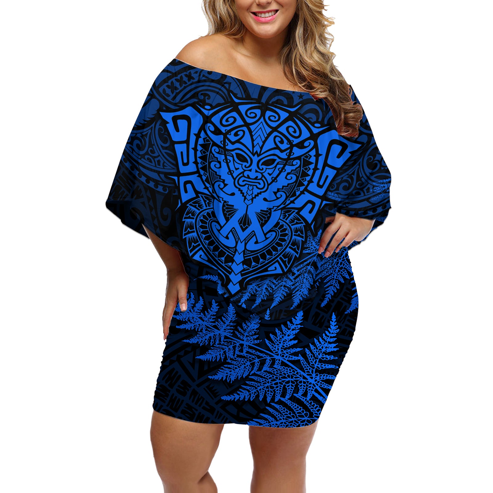 New Zealand Rugby Off Shoulder Short Dress Silver Fern All Black Mix Ta Moko Blue Style - Wonder Print Shop