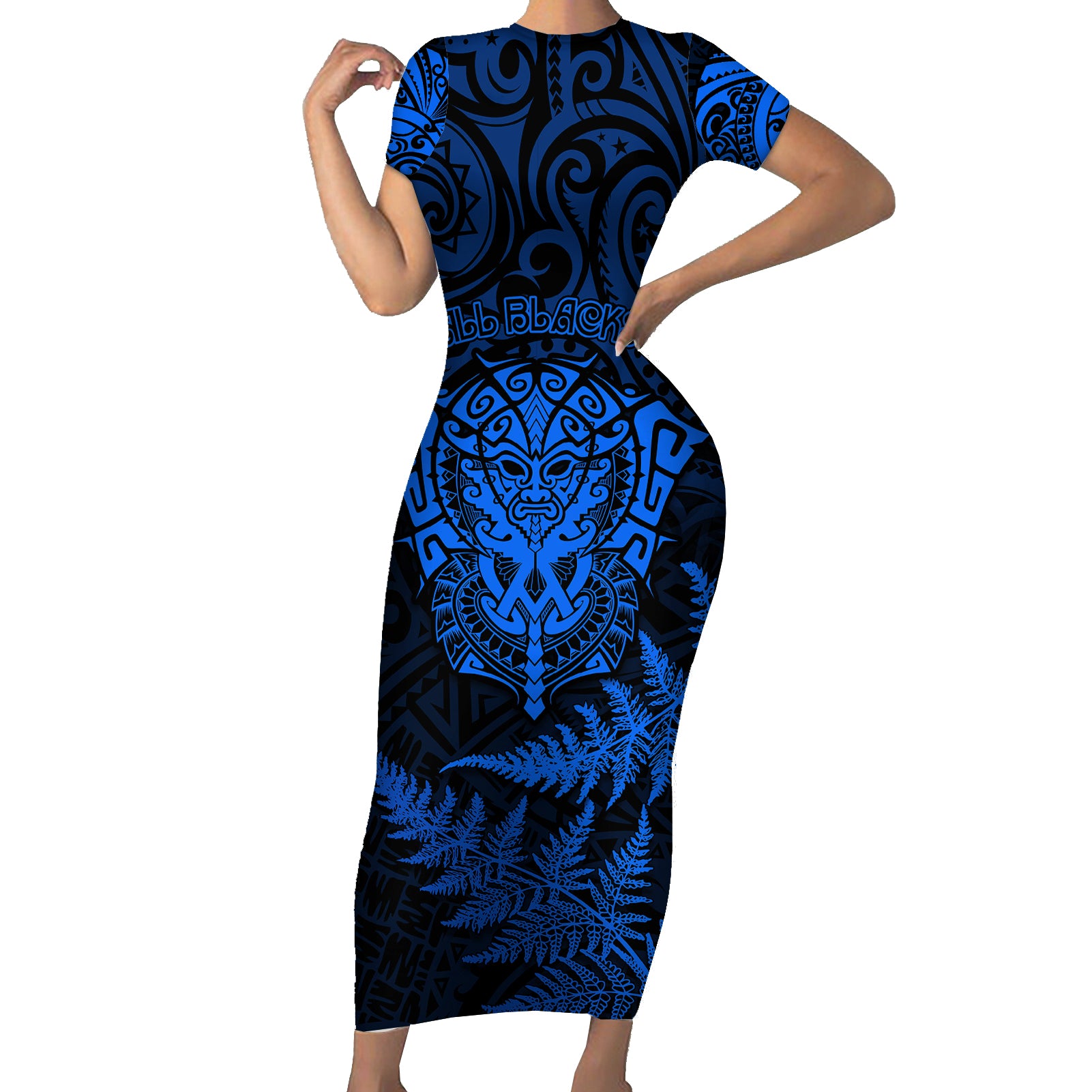 New Zealand Rugby Short Sleeve Bodycon Dress Silver Fern All Black Mix Ta Moko Blue Style - Wonder Print Shop