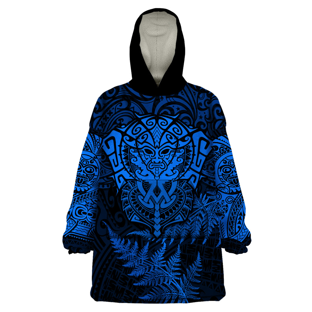 New Zealand Rugby Wearable Blanket Hoodie Silver Fern All Black Mix Ta Moko Blue Style - Wonder Print Shop