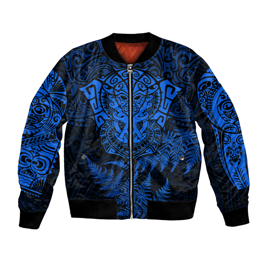 Unisex blue bomber jacket with full-zip front, black ribbed trim, tribal print sleeves
