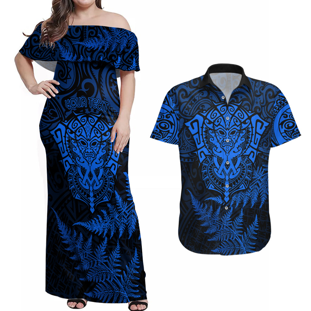 Personalised New Zealand Rugby Couples Matching Off Shoulder Maxi Dress and Hawaiian Shirt Silver Fern All Black Mix Ta Moko Blue Style LT9 - Wonder Print Shop