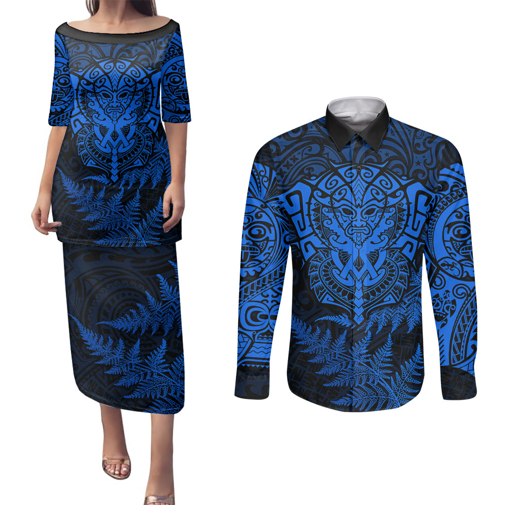 Personalised New Zealand Rugby Couples Matching Puletasi Dress and Long Sleeve Button Shirts Silver Fern All Black Mix Ta Moko Blue Style LT9 - Wonder Print Shop