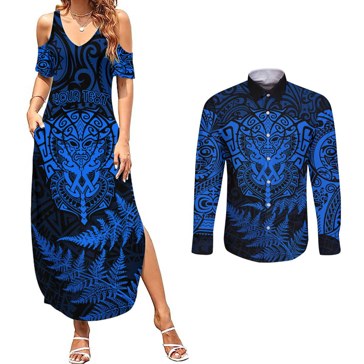 Personalised New Zealand Rugby Couples Matching Summer Maxi Dress and Long Sleeve Button Shirts Silver Fern All Black Mix Ta Moko Blue Style LT9 - Wonder Print Shop