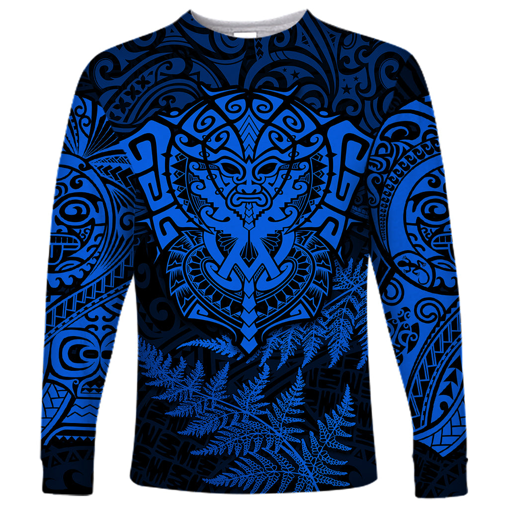 Personalised New Zealand Rugby Long Sleeve Shirt Silver Fern All Black Mix Ta Moko Blue Style - Wonder Print Shop