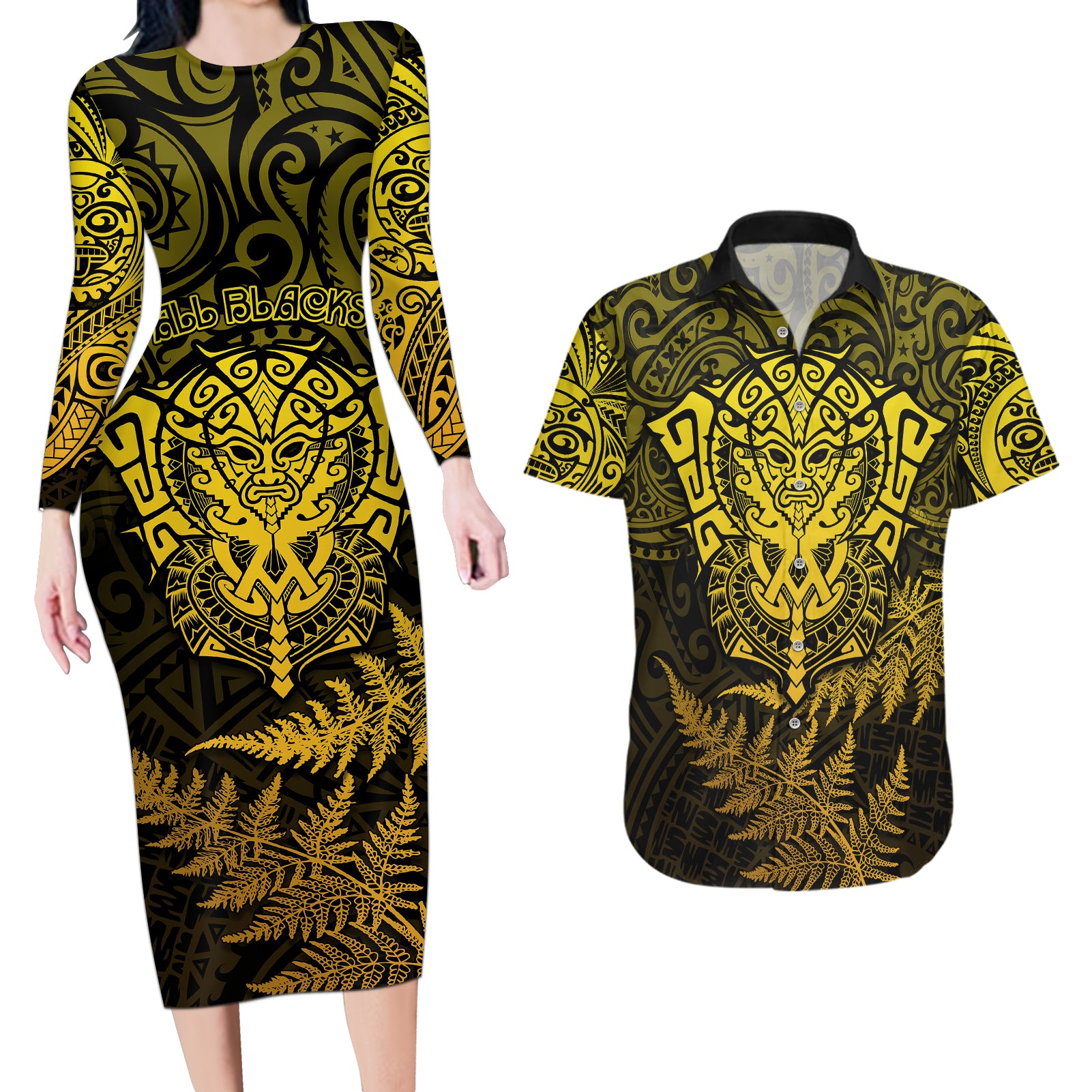 New Zealand Rugby Couples Matching Long Sleeve Bodycon Dress and Hawaiian Shirt Silver Fern All Black Mix Ta Moko Gold Style LT9 - Wonder Print Shop