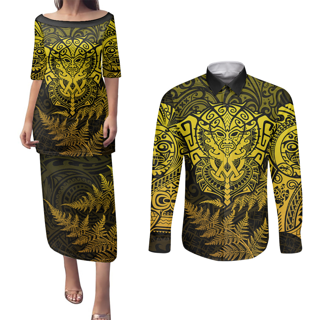 New Zealand Rugby Couples Matching Puletasi Dress and Long Sleeve Button Shirts Silver Fern All Black Mix Ta Moko Gold Style LT9 - Wonder Print Shop