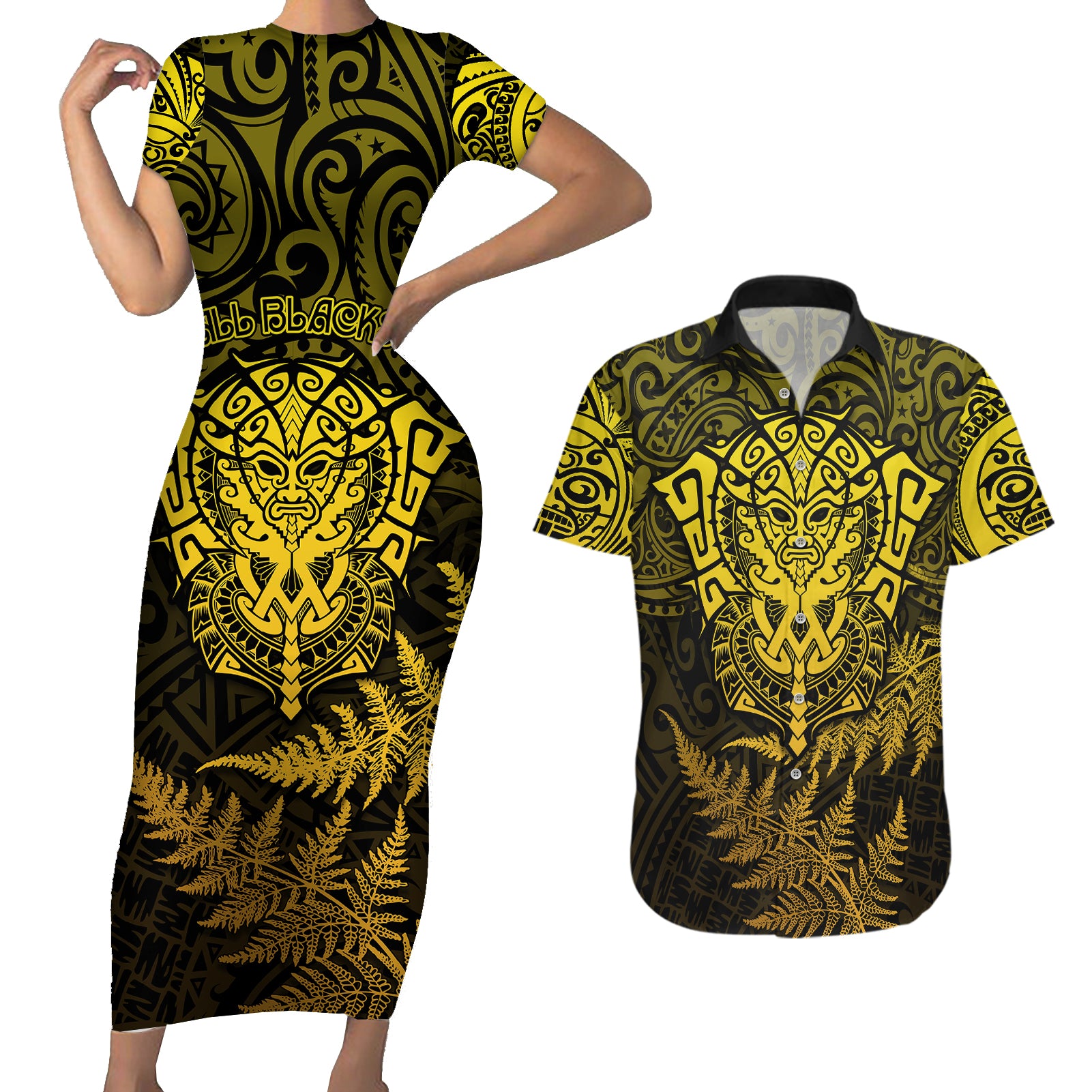 New Zealand Rugby Couples Matching Short Sleeve Bodycon Dress and Hawaiian Shirt Silver Fern All Black Mix Ta Moko Gold Style LT9 - Wonder Print Shop