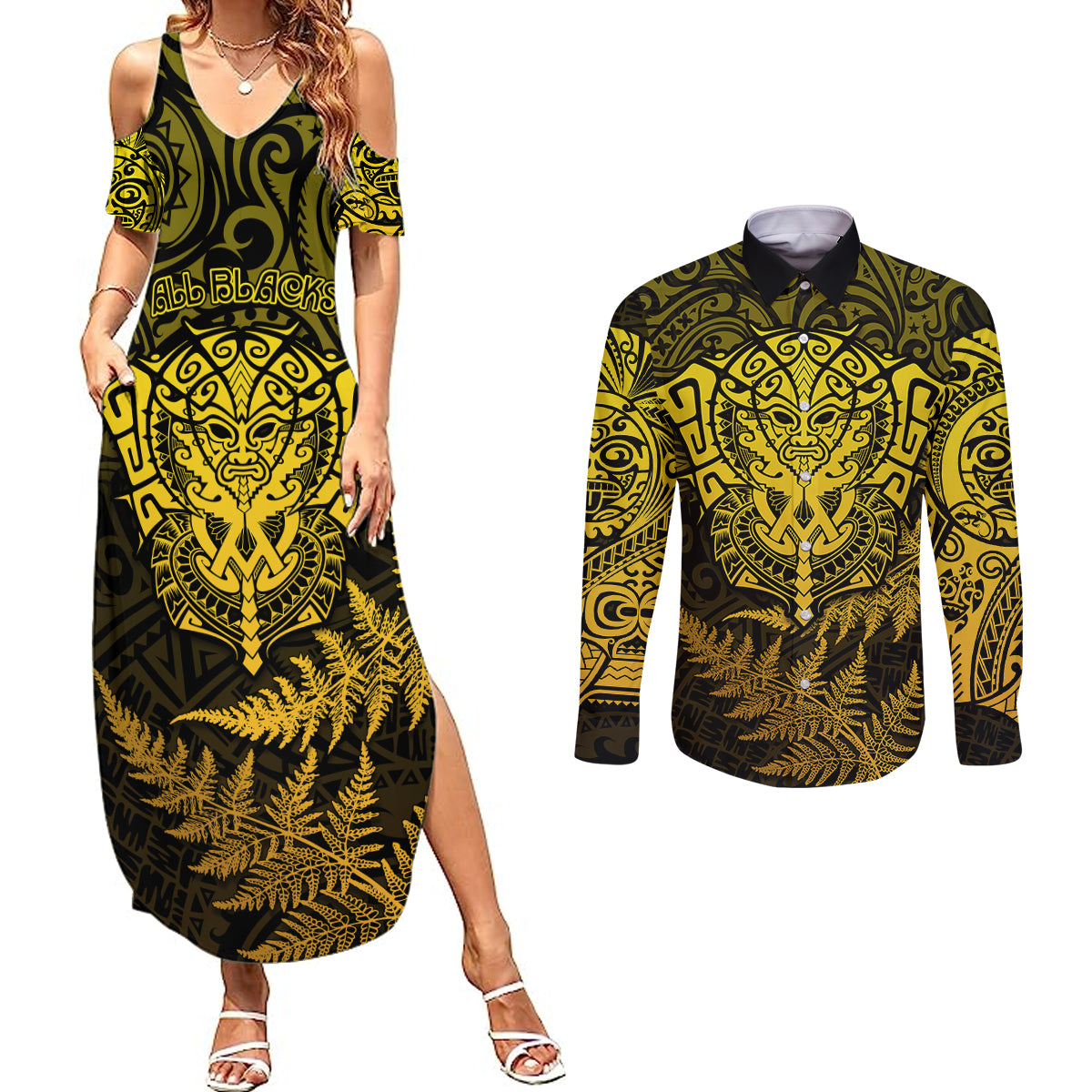 New Zealand Rugby Couples Matching Summer Maxi Dress and Long Sleeve Button Shirts Silver Fern All Black Mix Ta Moko Gold Style LT9 - Wonder Print Shop