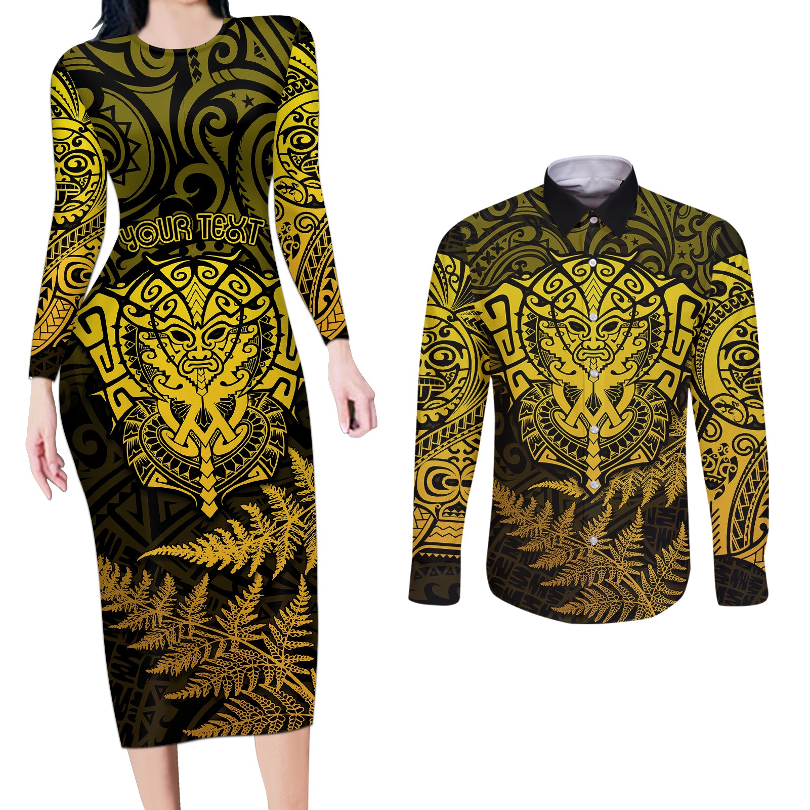 New Zealand Rugby Couples Matching Long Sleeve Bodycon Dress and Long Sleeve Button Shirts Silver Fern All Black Mix Ta Moko Gold Style LT9 - Wonder Print Shop