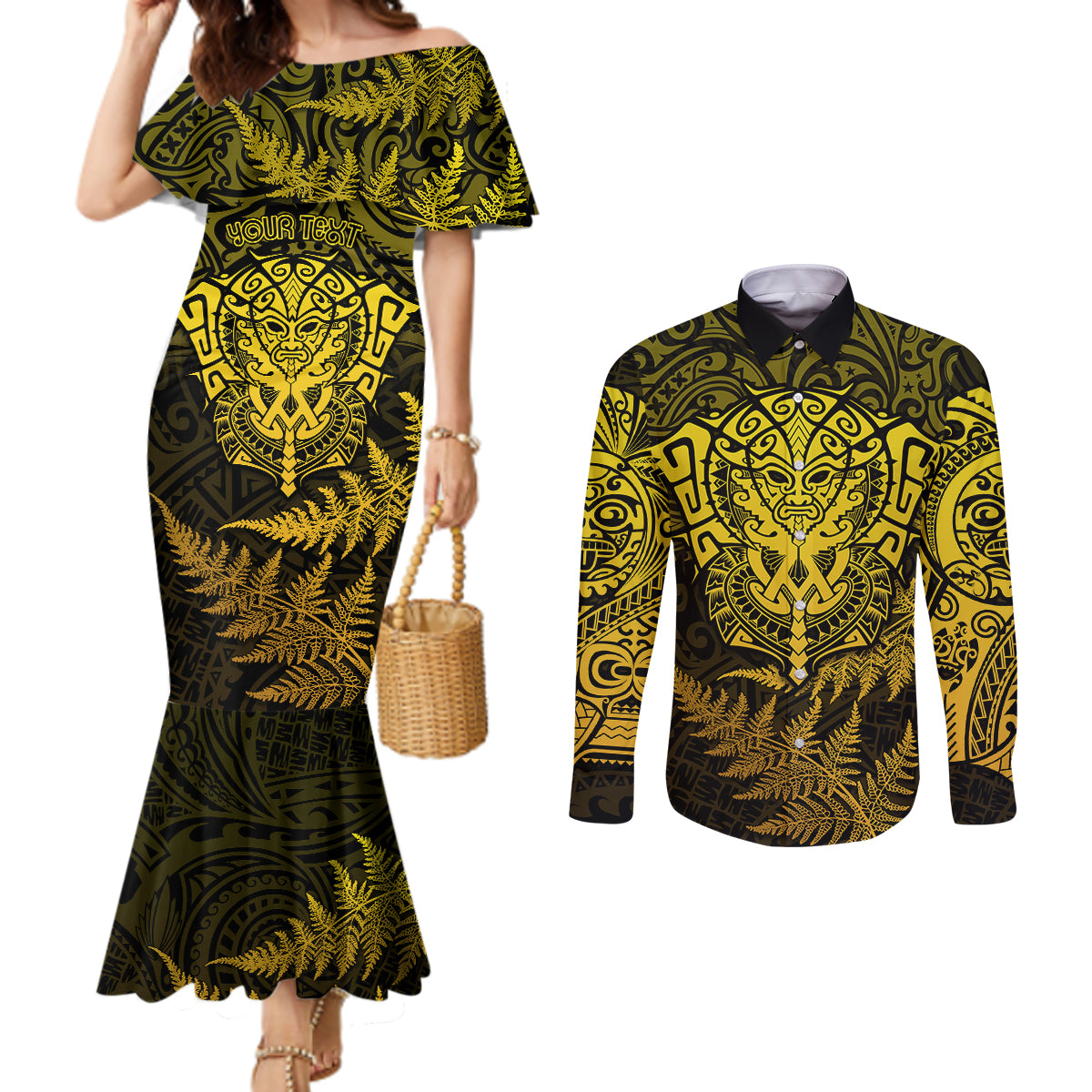 new-zealand-rugby-couples-matching-mermaid-dress-and-long-sleeve-button-shirts-silver-fern-all-black-mix-ta-moko-gold-style