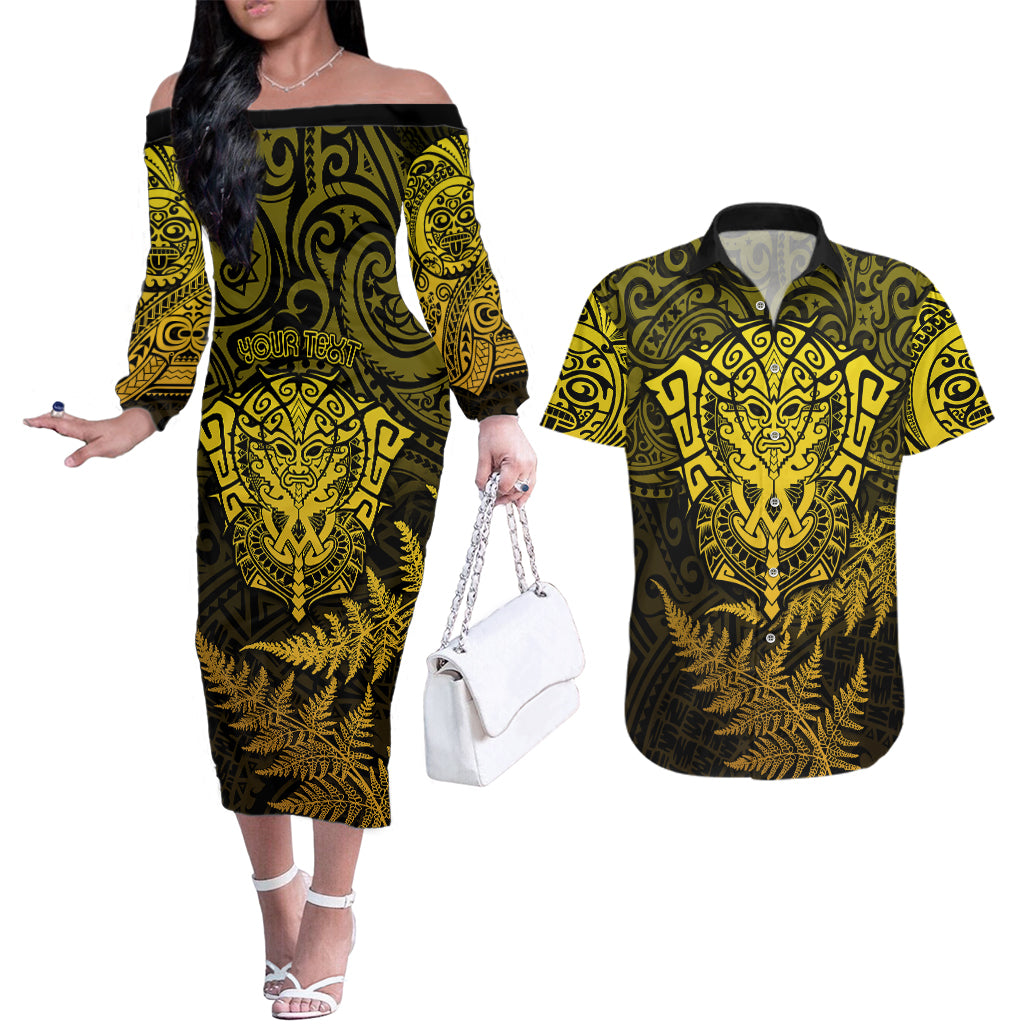 New Zealand Rugby Couples Matching Off The Shoulder Long Sleeve Dress and Hawaiian Shirt Silver Fern All Black Mix Ta Moko Gold Style LT9 - Wonder Print Shop