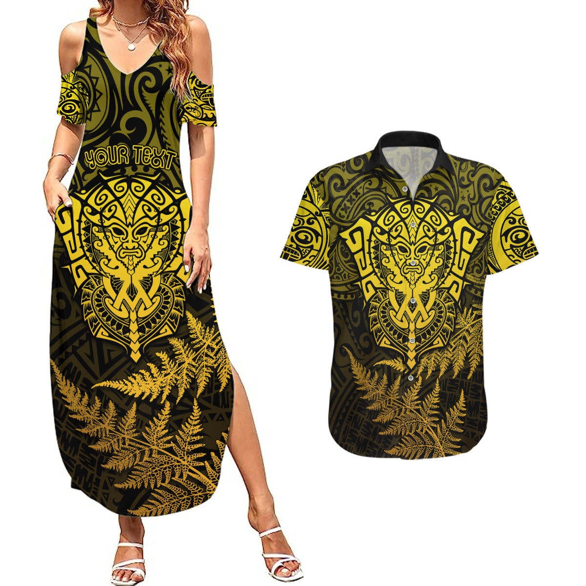 New Zealand Rugby Couples Matching Summer Maxi Dress and Hawaiian Shirt Silver Fern All Black Mix Ta Moko Gold Style LT9 - Wonder Print Shop