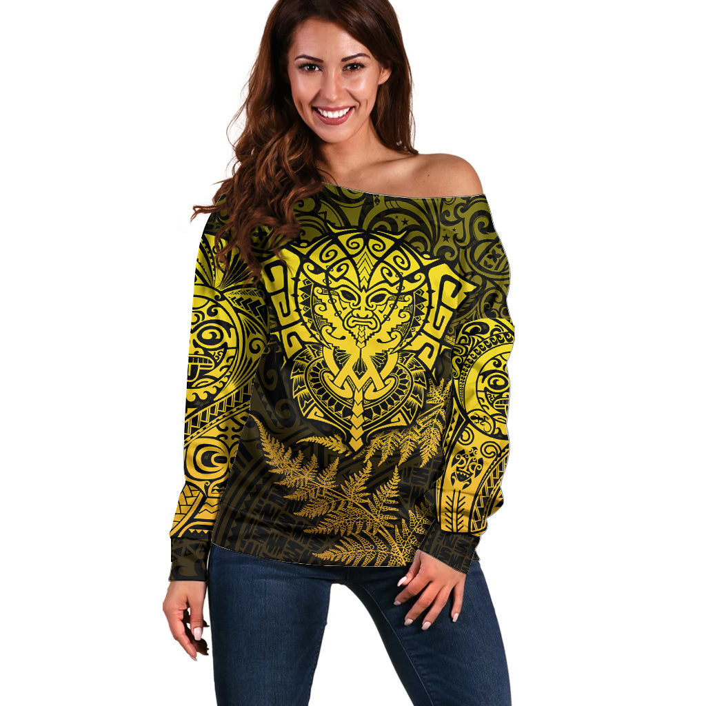 New Zealand Rugby Off Shoulder Sweater Silver Fern All Black Mix Ta Moko Gold Style - Wonder Print Shop