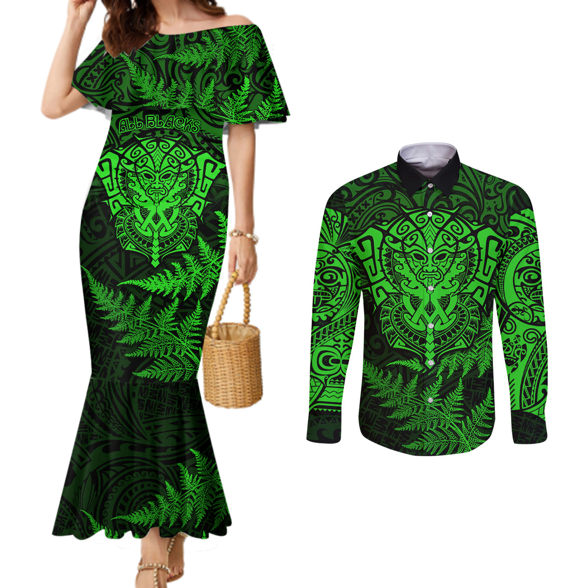 new-zealand-rugby-couples-matching-mermaid-dress-and-long-sleeve-button-shirts-silver-fern-all-black-mix-ta-moko-green-style